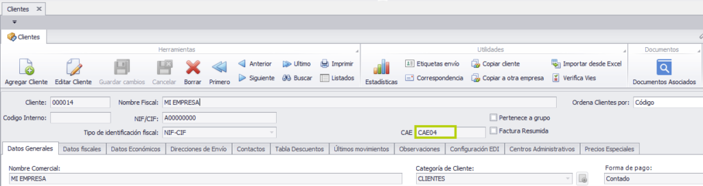 Cliente empresa con nuevo CAE