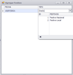 Tipo festivo en agregar festivos