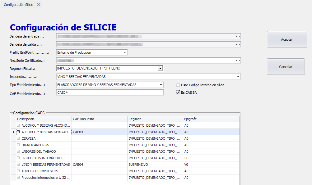 Configuración de Silicie para cambiar el CAE